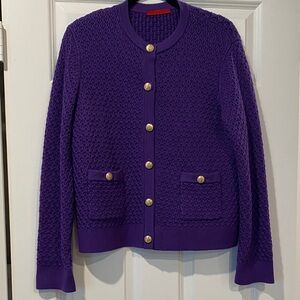 Carolina Herrera Purple Textured Knit Cardigan with Gold Buttons